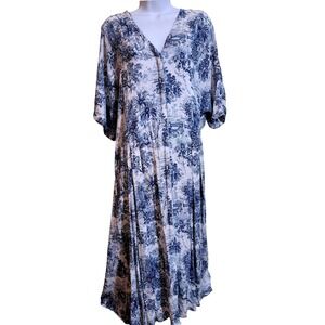 H & M Blue White Toile Print Maxi Dress V Neck Button Front Flowy Boho NO BELT